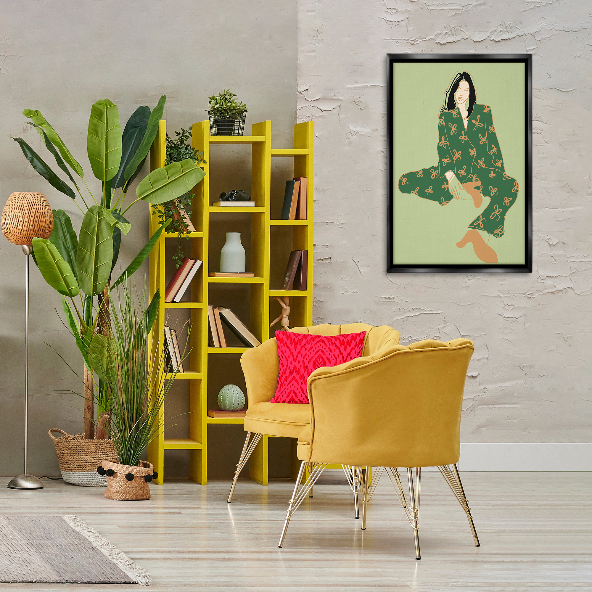 Stupell Industries Stylish Girl Sitting Novelty Painting Black Floater Framed Art Print Wall Art, 21 x 31