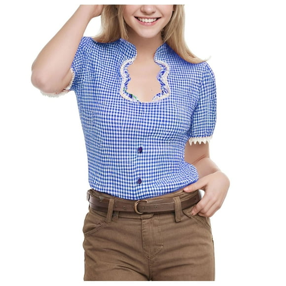 2025 Chemise Carrée à Carreaux pour Femmes avec Col et Bordure, Robe à Boutons Bouffants pour Femmes, Manches Longues, Manches Courtes, Chemise d'Été Ajustée pour Femmes, Coupe Festival de Bière