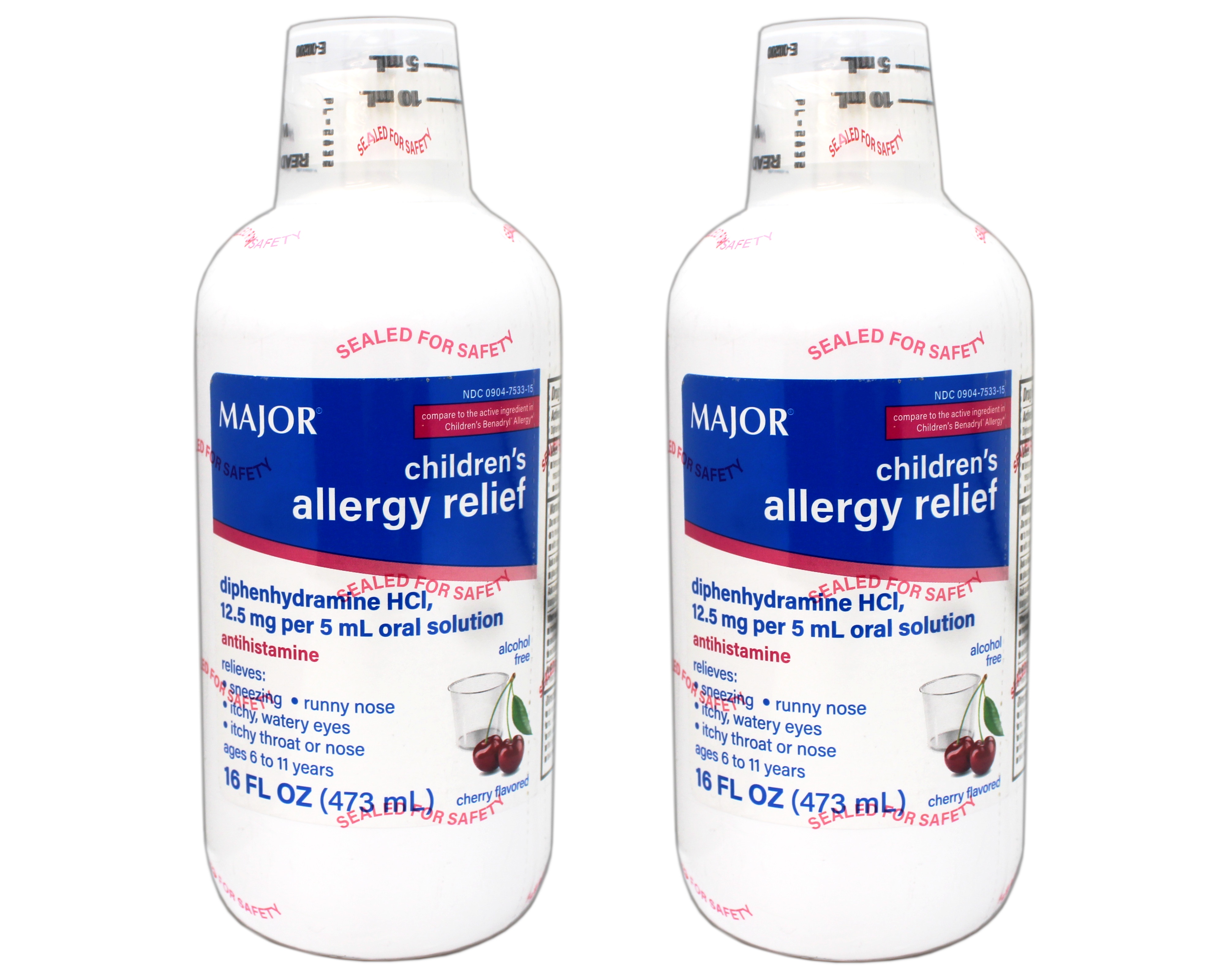 Major Children's Allergy Relief Diphenhydramine HCI 12.5mg/5 mL Oral Solution, Cherry Flavored, 16 FL OZ - 2 Pack