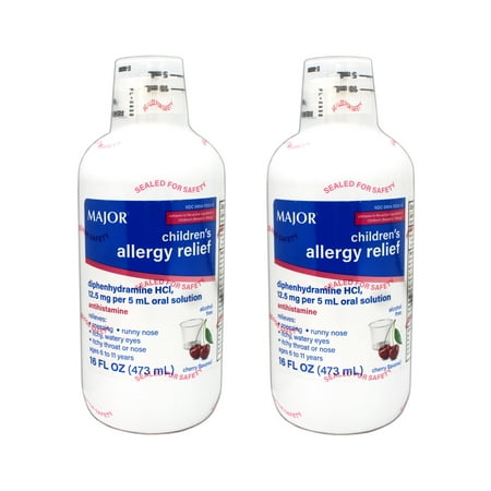 Major Children's Allergy Relief Diphenhydramine HCI 12.5mg/5 mL Oral Solution, Cherry Flavored, 16 FL OZ - 2 Pack