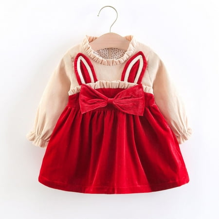 

FZM Christmas Toddler Girls Long Sleeve Winter Bowknot Rabbit Ears Dress Princess Dress