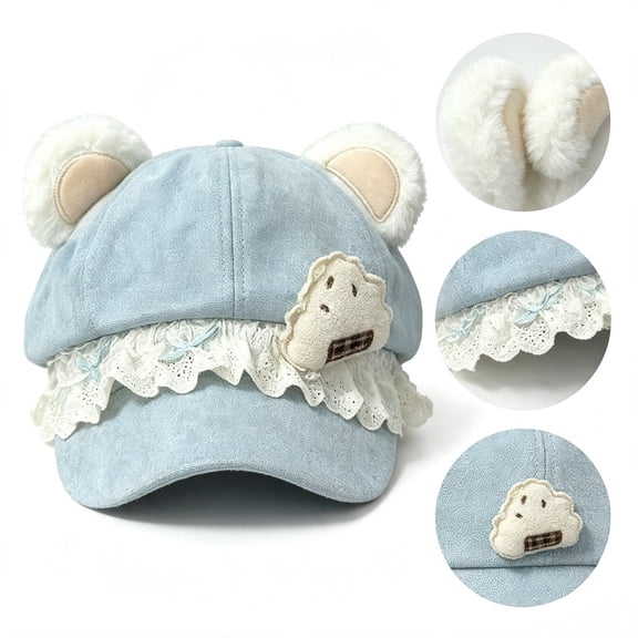 LUVDA Bear Ear Beret Style Newsboy Cap for Women with Lace Border and Cute Embroidery