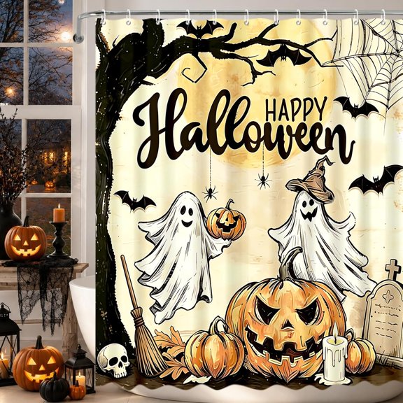 Halloween Shower Curtain Happy Ghost Pumpkin Spooky Tree Bath Curtain for Bathroom 71x71 inches