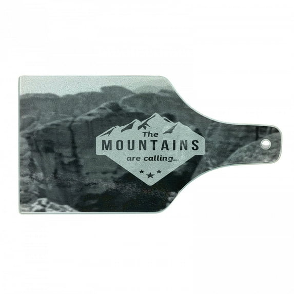 Adventure Cutting Board, Mountains are Calling Landscape Picture with Words Art Print, Decorative Tempered Glass Cutting and Serving Board, Wine Bottle Shape, Grey Dark Grey, by Ambesonne