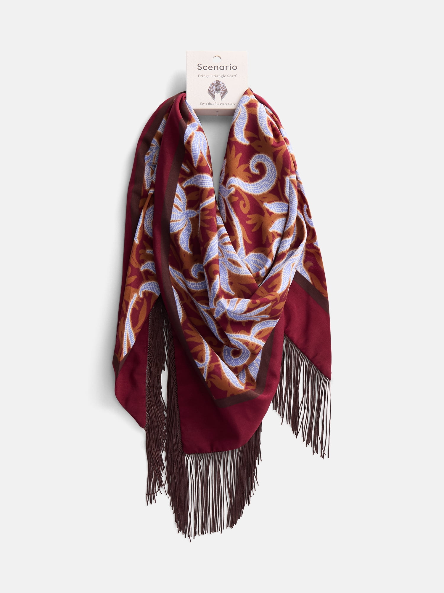 Scenario Women's Printed Fringe Triangle Scarf, Maroon