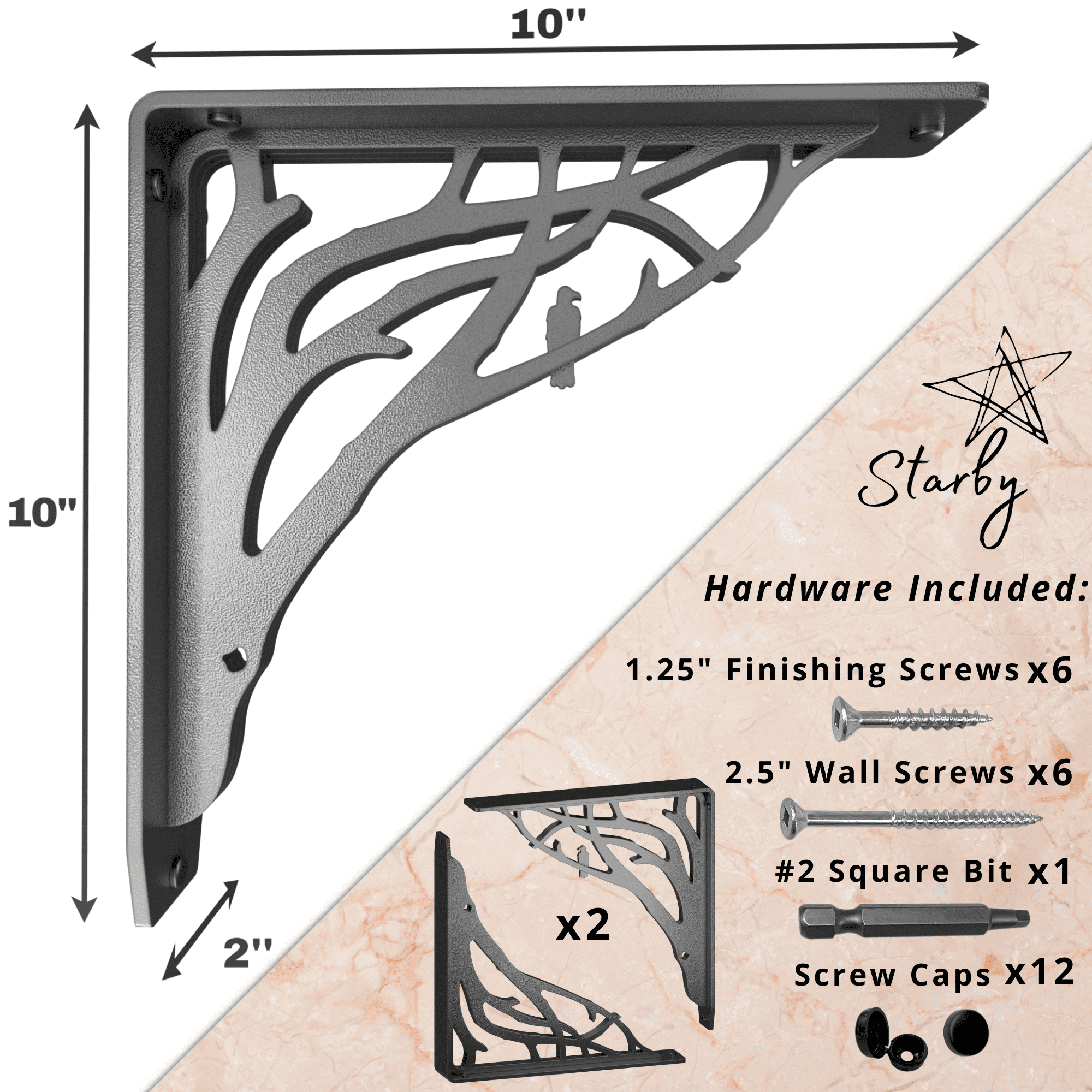 ANGEL OAK HEAVY DUTY STEEL FIREPLACE MANTEL BRACKETS, FLOATING SHELF, COUNTERTOP SUPPORT - HAND WELDED - 10" x 10" x 2"