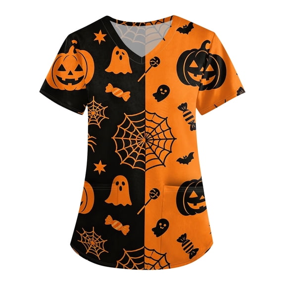 JULMCOMO Halloween Scrub Tops for Women Plus Size Cute Print V Neck Holiday Graphic Tees Casual Loose Funny Halloween Printed Nurse Uniform Shirts with Pockets Ginger 5XL
