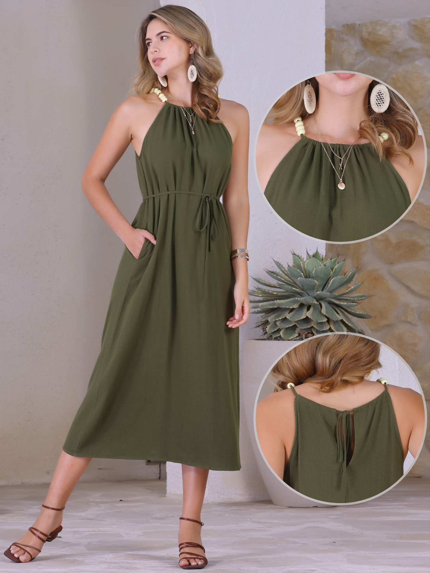 DARING DIVA Halter Neck Belted Casual Summer Midi Dress S Army Green