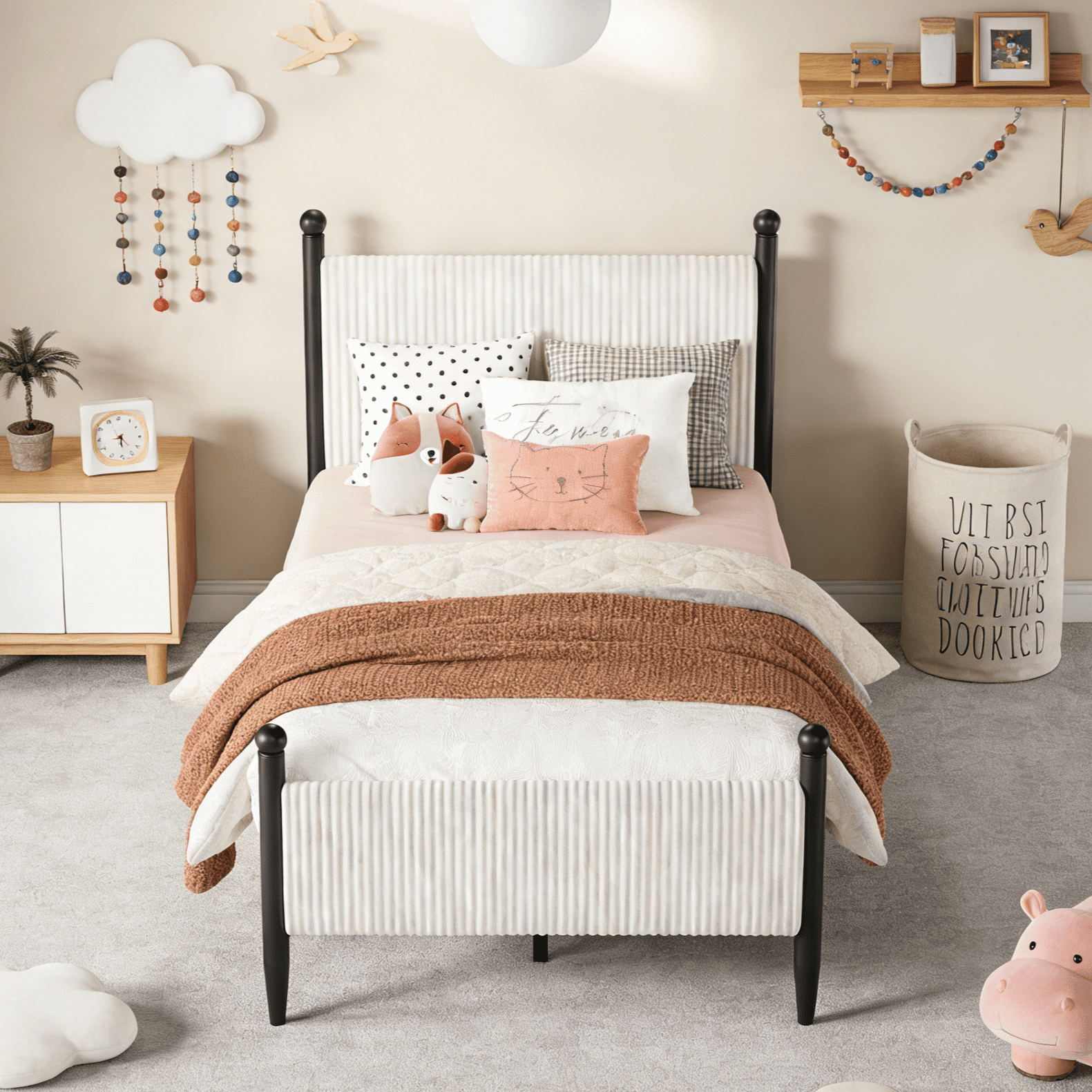 Twin Size Upholstered Bed Frame with Velvet Headboard, Soft Corduroy Fabric Platform Bed with Wooden Slats Support, No Box Spring Needed, White