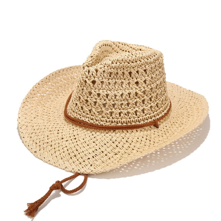 WOMENS SUMMER STRAW SUN HATS WIDE BRIM PANAMA FEDORA BEACH HAT WITH WIND LANYARD Women main image 2