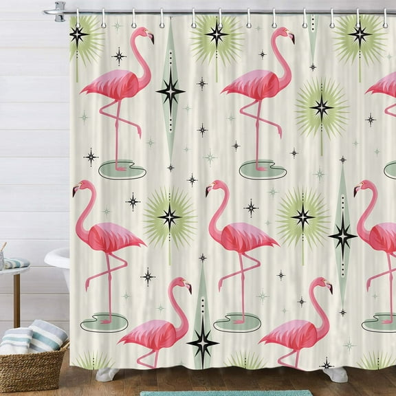 Mid Century Flamingo Shower Curtain, Abstract Geometric Funny Pink Bird Retro 1950s 1960s Atomic Bathroom Assessory Set, Waterproof Fabric Beige Cream Green Shower Curtain , Hooks Included, 72x72