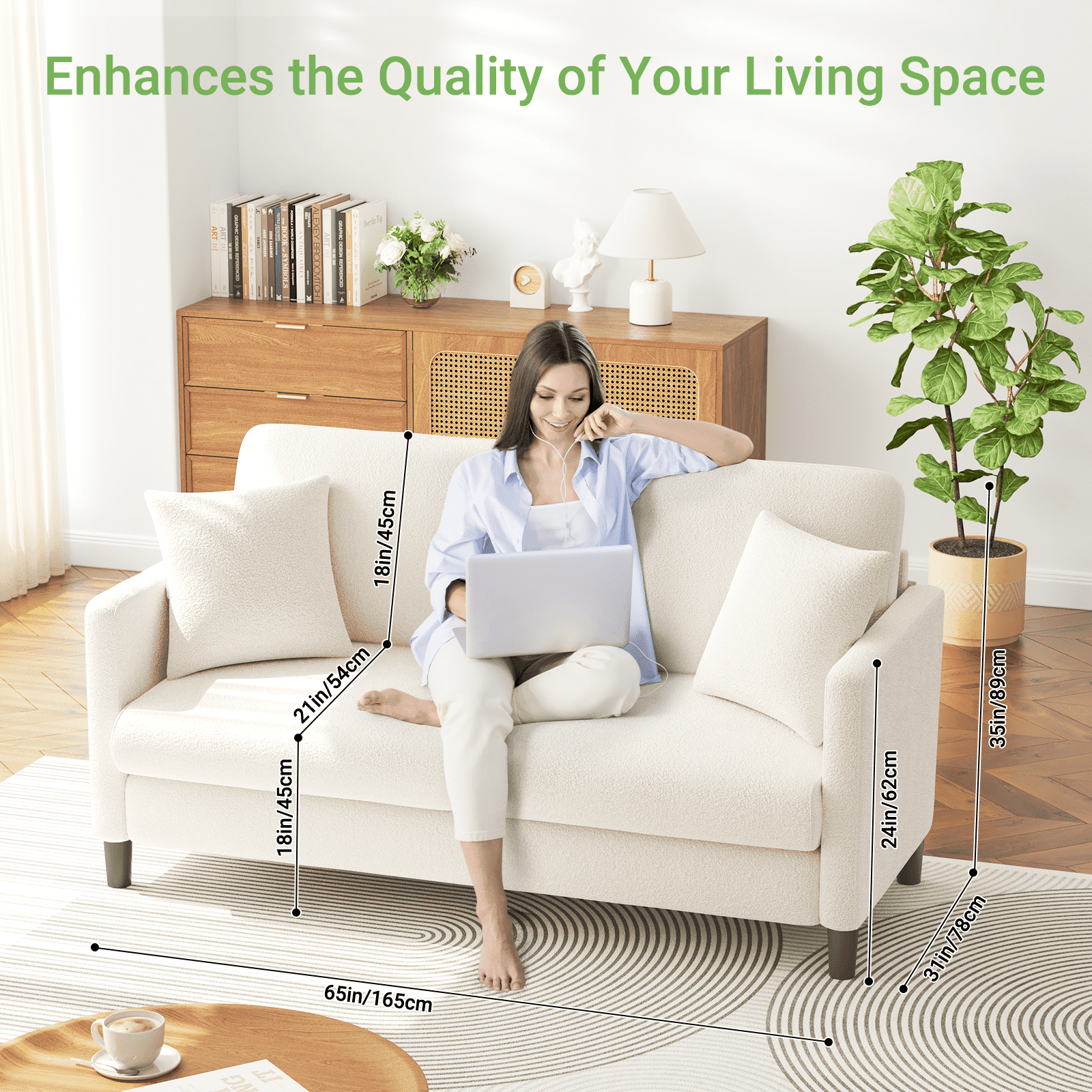 Neche 65" Sofa Couch for Living Room Office Small Space, Comfy Loveseat in a Box, Beige