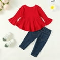 thumbnail image 4 of 6 Months Baby Girls Clothes 12 Months Girls 2PCS Fall Winter Outfits Set Solid Color Infant Girls Long Sleeve Irregular Top Denim Pants Set Red, 4 of 9