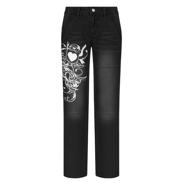 Women Gothic Cargo Pants Wide Leg Baggy Jeans Indie Aesthetic Y2K Low Waist Pants  Denim Harajuku Streetwear Punk 