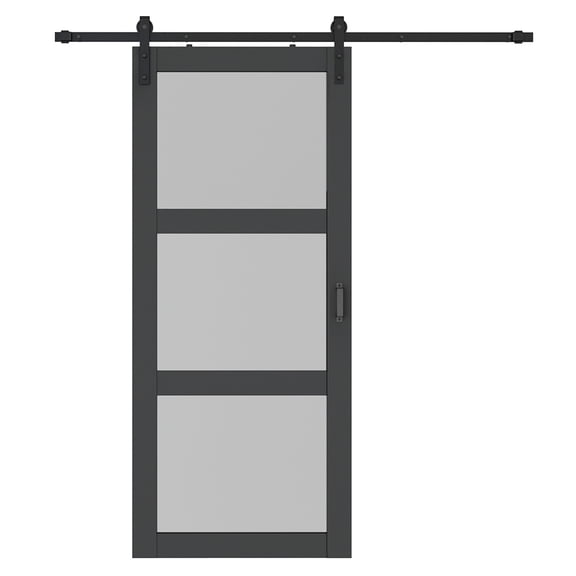 36 in. x 84 in. 3 Lite Pre Assembled Frosted Glass Black MDF Interior Sliding Barn Door with Hardware Kit Door Handle