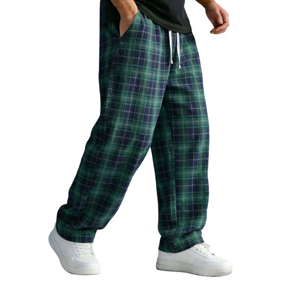 Migroa Mens Plaid Wide Leg Trousers Elastic Waist Loose Fit Casual Pants with Pockets, Lightweight Comfort Bottoms for Daily Wear And Outdoor Activities Blackish Green L