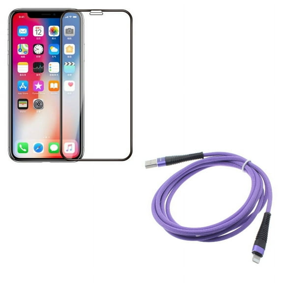 iPhone XS/X - Purple 6ft USB Cable w Tempered Glass Screen Protector - Charger Cord Power Wire Braided Long Sync, 5D Touch Curved Edge Full Cover Bubble Free Case Friendly 9H Hardness