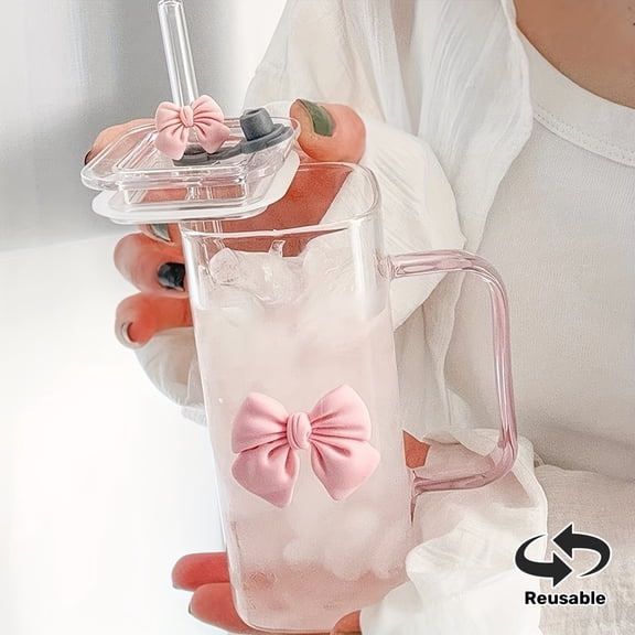 1pc 400ml/14oz Glass Tumbler with Straw and Handle for Christmas, Halloween - Heat-Resistant, Transparent, Pink Bow Design, Reusable, Suitable-Pink