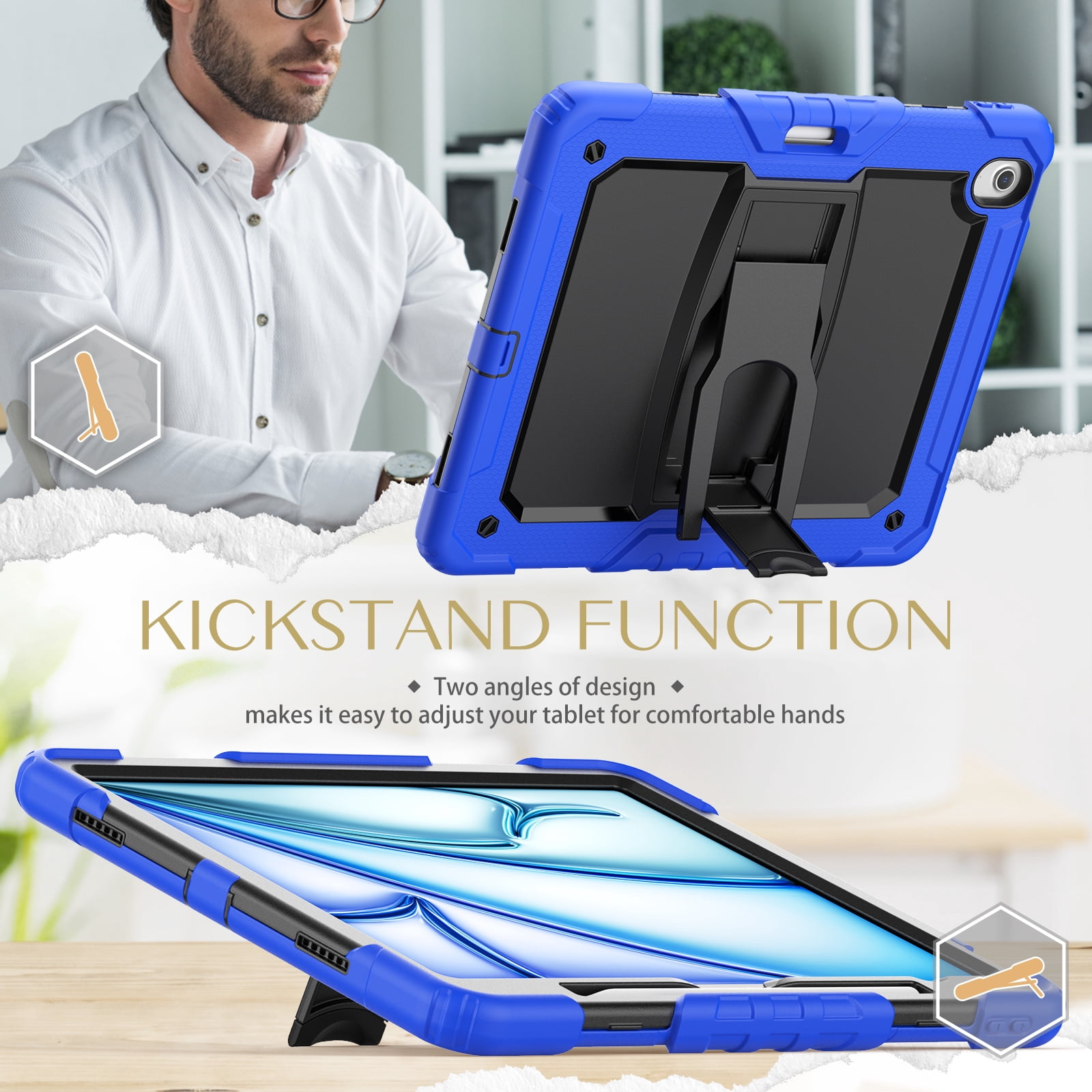 Rugged Case For Apple iPad Air 13 (2024) – 3-Layer Protection Shockproof Stand Cover with Screen Protector, Adjustable Stand, Shoulder Strap, & Pencil Holder -- Darkblue