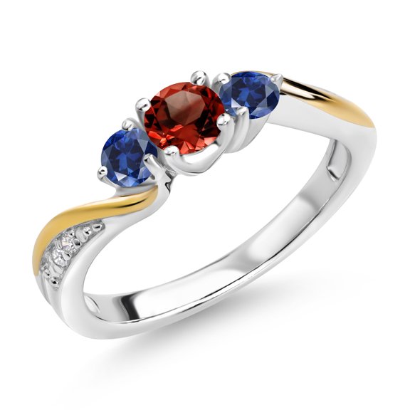 Gem Stone King 925 Silver and 10K Yellow Gold Red Garnet Blue Created Sapphire and White Lab Grown Diamond 3 Stone Engagement Ring for Women (0.68 Cttw, January Birthstone, Size 6)