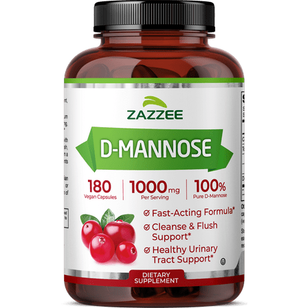 Zazzee D-Mannose 1000 mg – 180 Vegan Capsules – 3-Month Supply – 100% Pure D-Mannose, Fast-Acting Urinary Tract Health Support, Vegan, Non-GMO, Made in USA