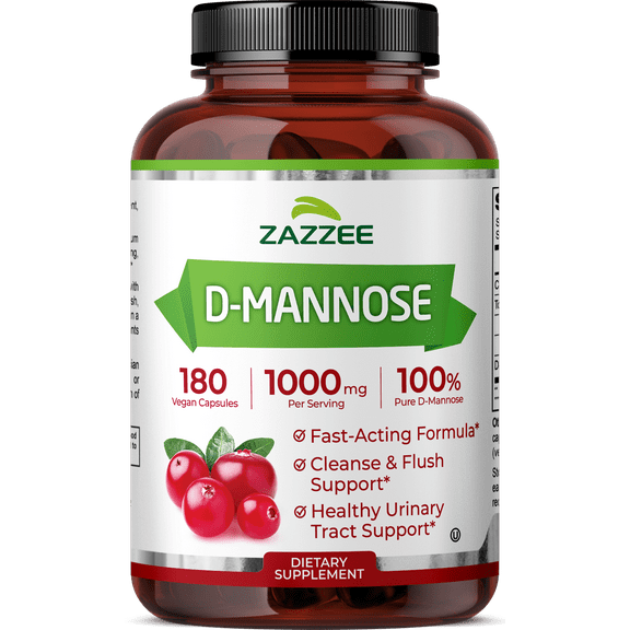 Zazzee D-Mannose 1000 mg – 180 Vegan Capsules – 3-Month Supply – 100% Pure D-Mannose, Fast-Acting Urinary Tract Health Support, Vegan, Non-GMO, Made in USA