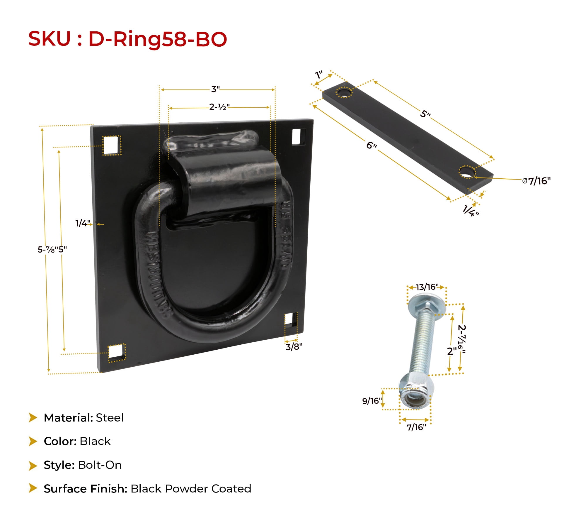 2 Pack 5/8" Heavy Duty Bolt-On Forged D Ring for Trailers Trucks, Cargo Tie Downs - 18,000 Lbs Breaking Strength Black Powder Coated Steel