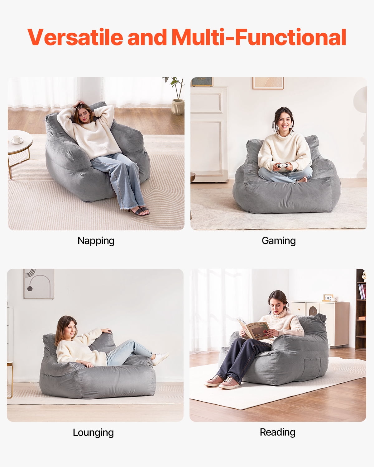 VEVOR Bean Bag Chair, BeanBag Sofa Chair with Armrests for Adults, Fluffy Plush & High-Density Foam Filling Adult Bean Bag with Zapper, Comfy Lazy Sofa Chair Ideal for Living Room, Bedroom, Grey