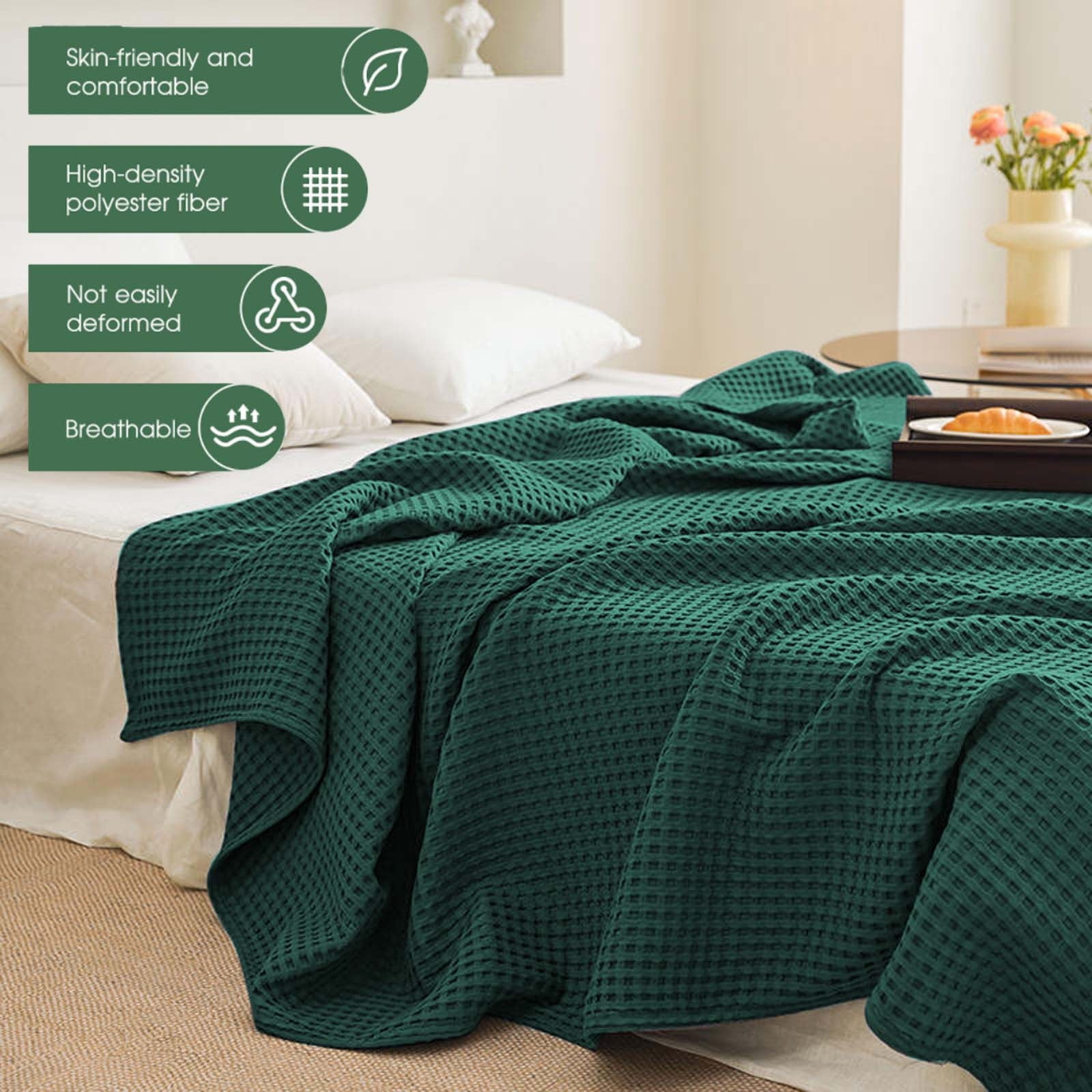 Loyerfyivos Cotton Blankets Queen Size for Bed - Waffle Weave Blankets for Summer, Lightweight and Breathable Soft Woven Blankets for Spring, White, 43.31x59.05in (Army Green)