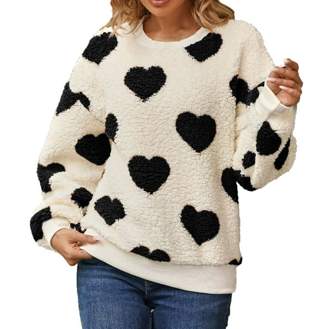 Bowake Femmes Molleton Floue Tops Casual en Peluche Coeur Imprimé Col Rond Manches Longues Pull Sweatshirts Chemisier