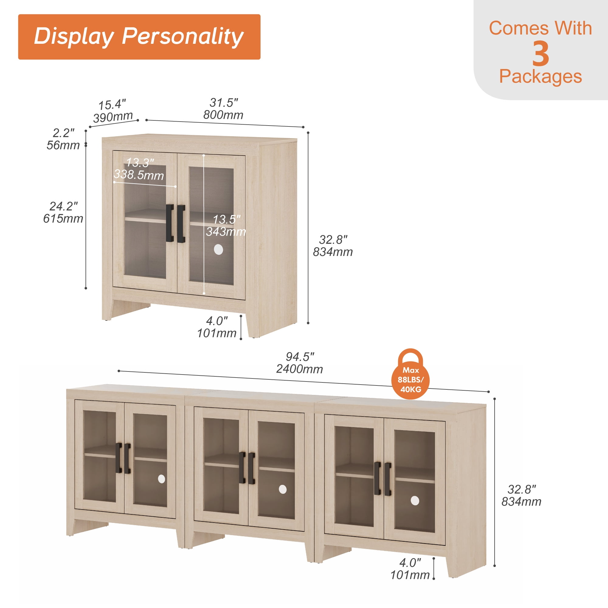 WAMPAT Modern Farmhouse TV Stand up to 100"TV, Entertainment Center with Tempered Glass Doors & Adjustable Shelves, Beige