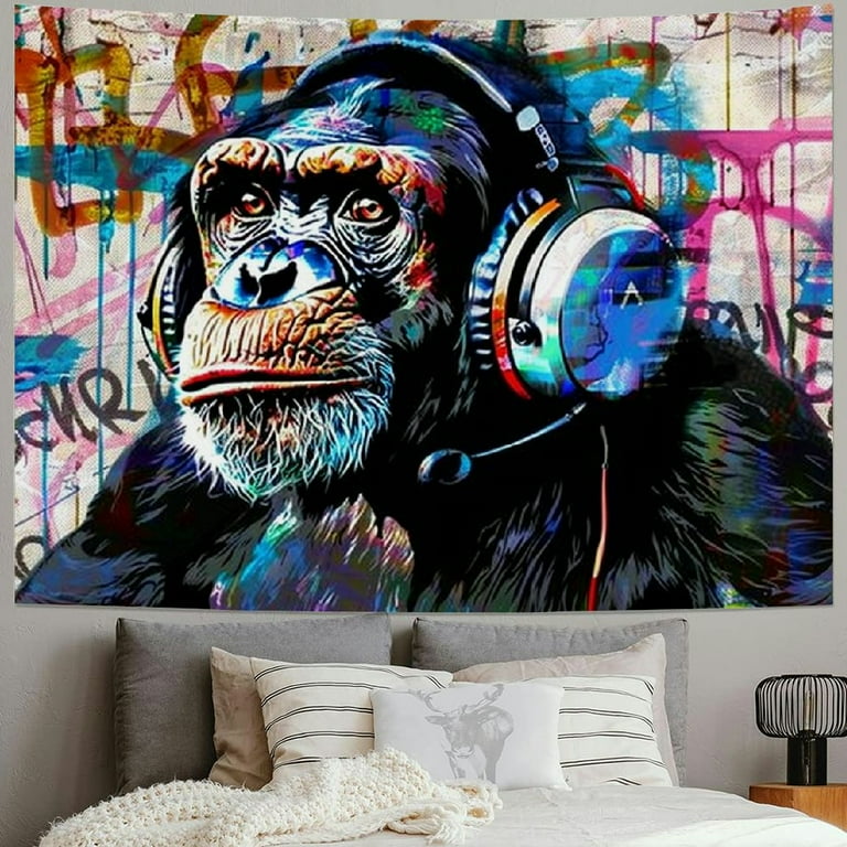 BCIIG Music Banksy Headphone Monkey Tapestry Inches Graffiti Neon Hip Hop Colorful Cool Retro Splash Wall Art Painting Bedroom Living Room Dorm Wall Blanket Home Decor Fabric Walmart