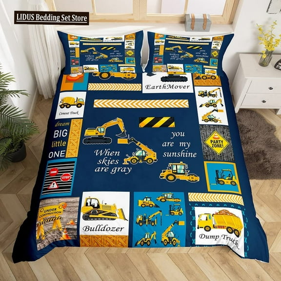 truction Vehicles Boys Excavator Duvet Cover Yellow Tractor Truck Bedding Set For Teens Child Old Retro Car Theme Room r