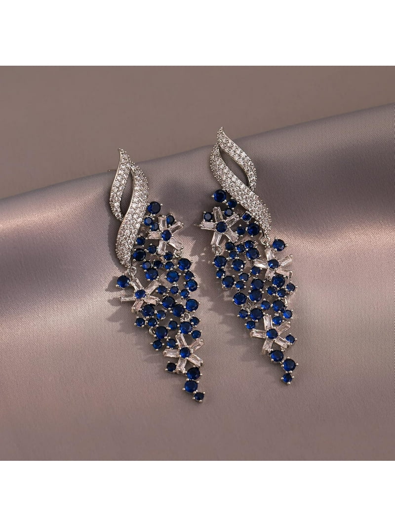 Blue Flower Drop Earrings For Women – Dangling Green Leaf & Zircon Stud Earrings – Spring & Summer Jewelry Gift