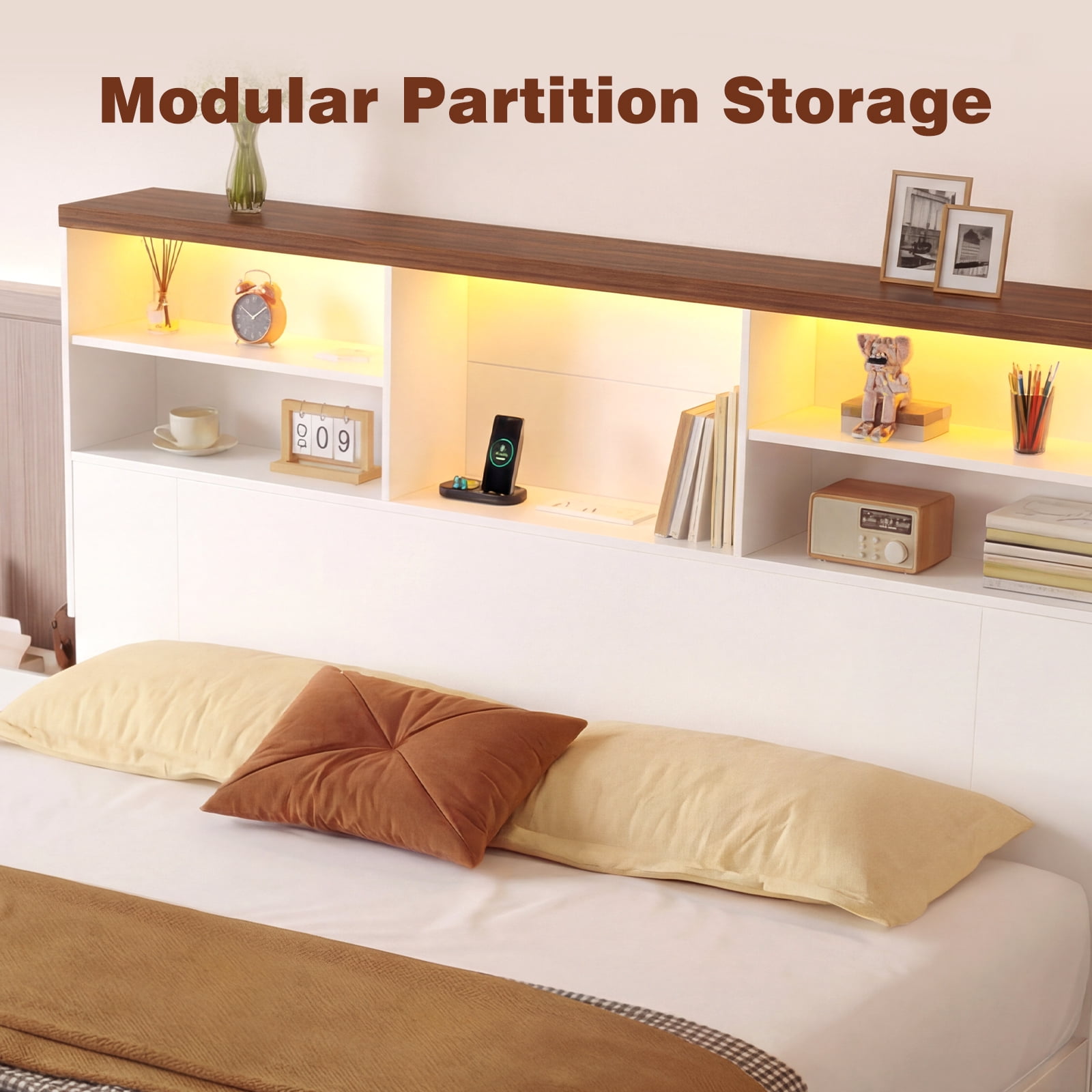 Advwin 63" Full/Queen Storage Headboard with LED Lights & Charging Station, Modern Bookcase Headboard, Space Saving Wood Headboard Only for Bedroom, White & Walnut