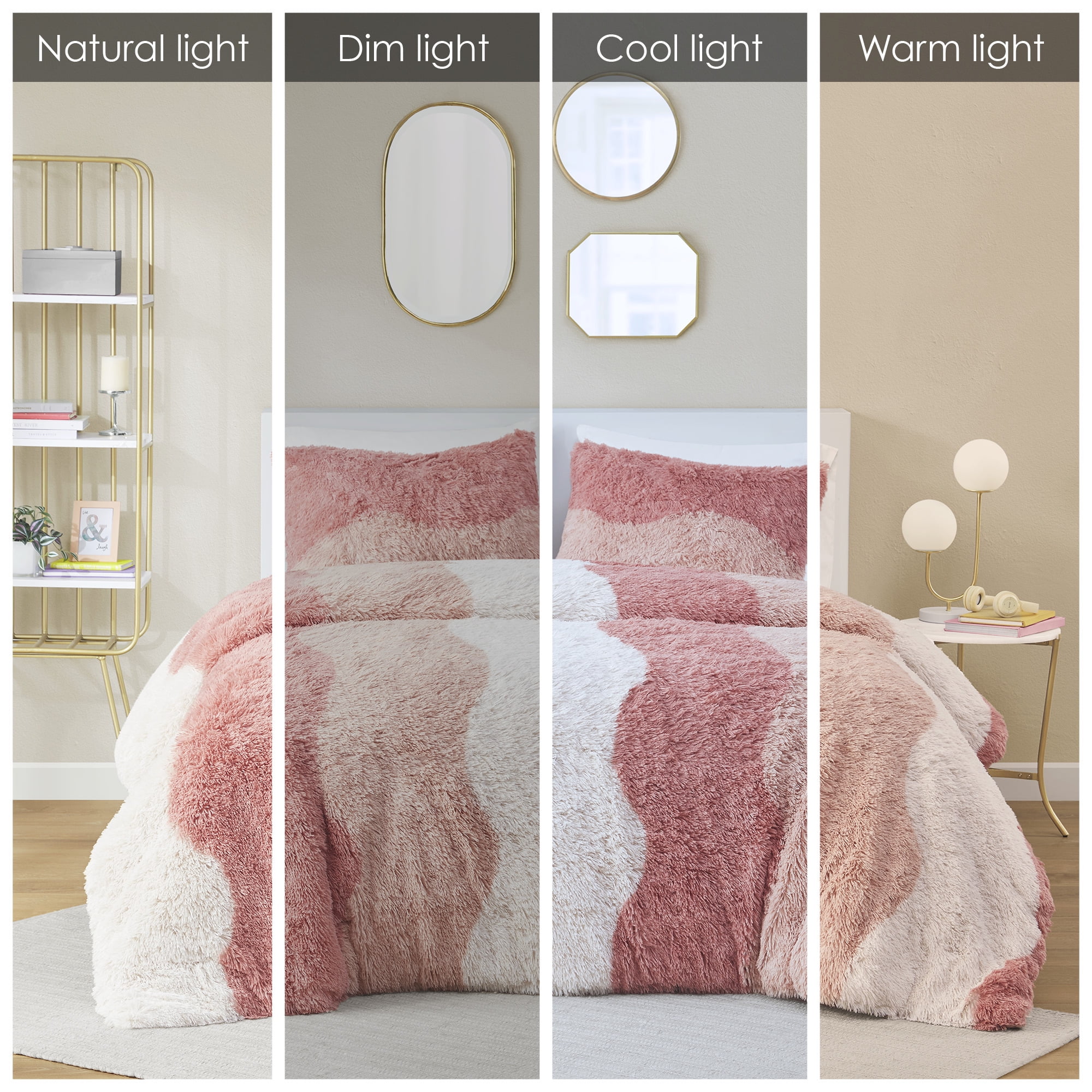 Intelligent Design Twin/Twin XL Comforter Set, Shaggy Faux Fur Wave Warm Bedding Set, 2-Piece Striped Ombre Design Warm Comforter Bed Set, Blush