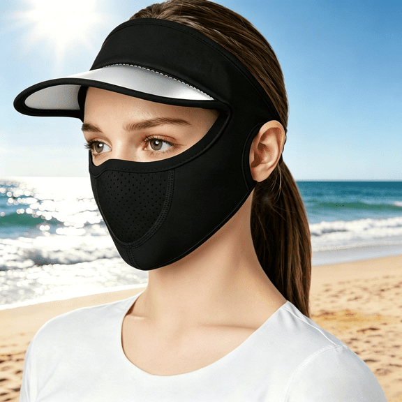 Women's UPF 50 Ice Silk Face Mask with Visor Brim, Breathable Mesh Sun Shield for Outdoor Hiking Running Cycling, Lightweight UV Protection Half Face Cover for Sports Black