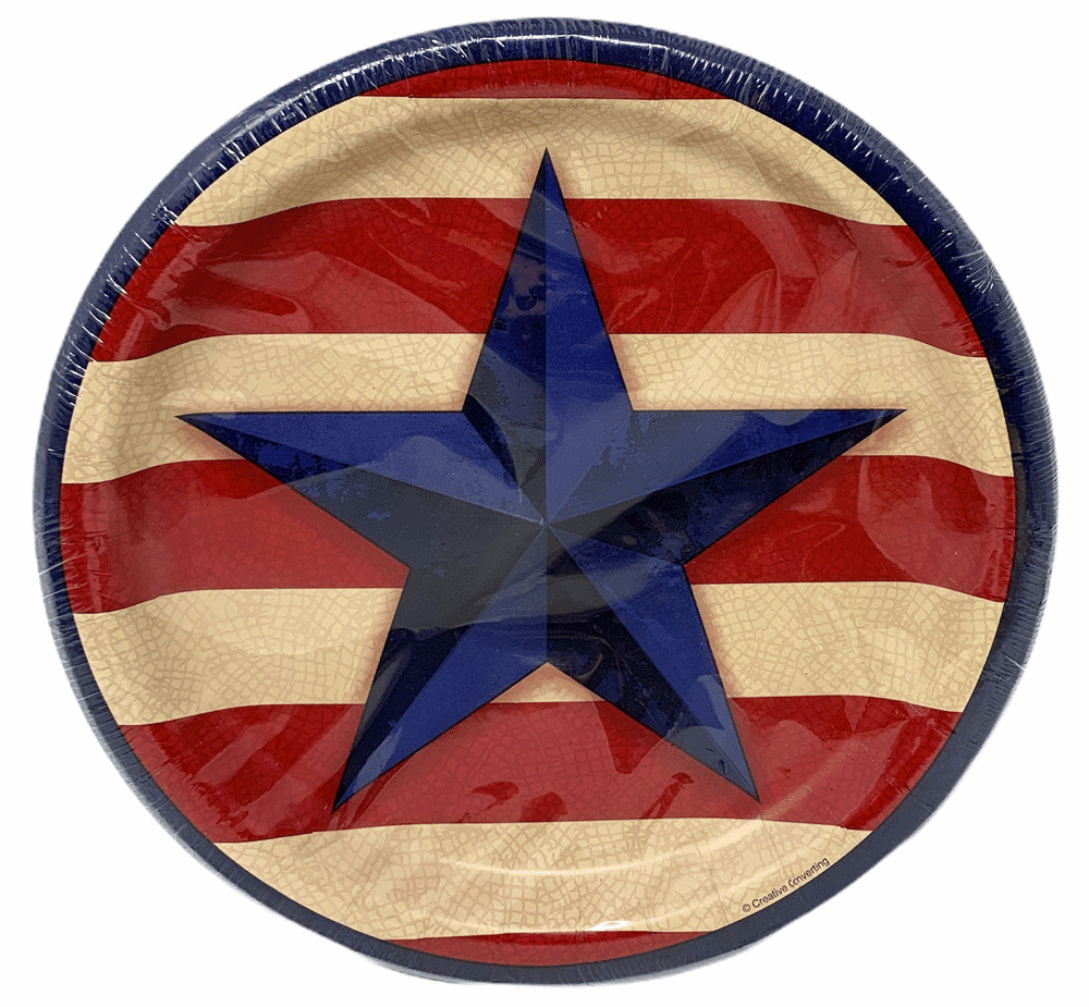 blue and white striped paper plates