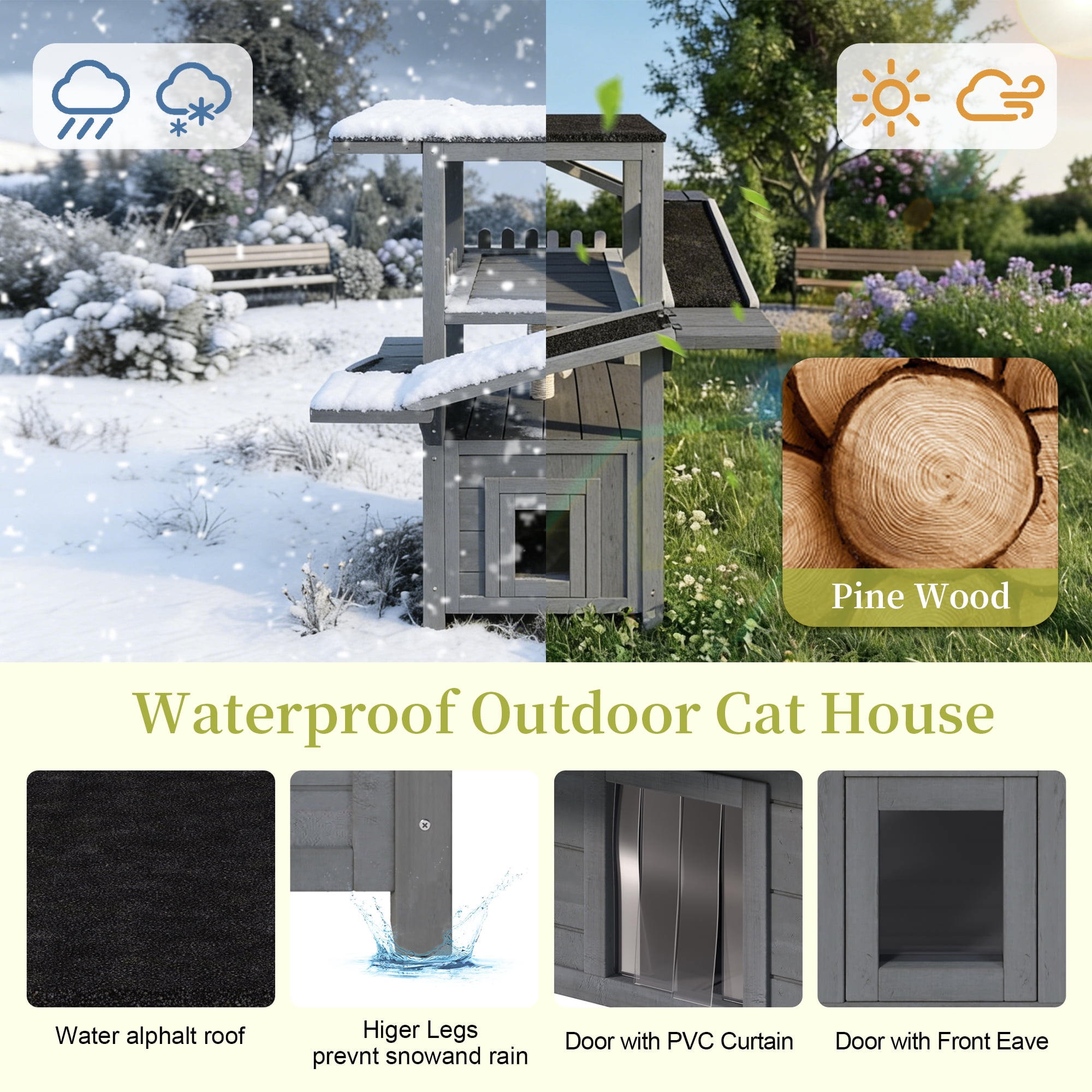 DRNANLIT 4 Tiers Outdoor Cat House, Weatherproof Cat Tree Tower with Waterproof Roof & 2 Doors, Feral Cat Shelter Outside Enclosure, Multi-Level Play Zones with Balcony, for Small Animals, Grey