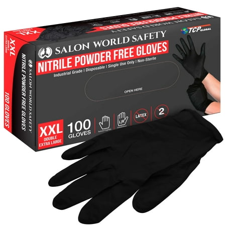 

Salon World Safety Black Nitrile Disposable Gloves Box of 100 Size XX-Large 4 Mil Thick - Latex Free Powder Free Textured Tips Food Safe Comfortable Extra-Strong Protective Working Gloves