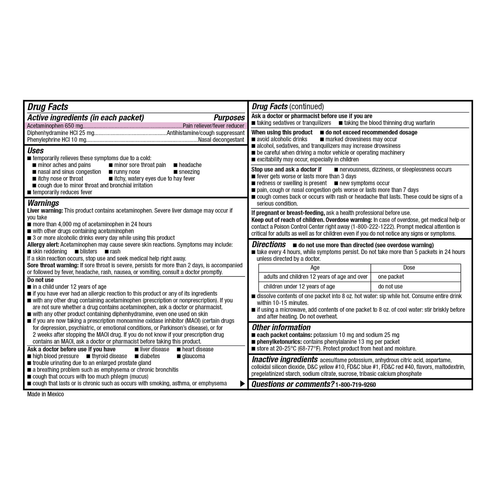 Equate Nighttime Severe Cold, Cough & Flu Relief Powder Packets, Honey Lemon, 6 Count