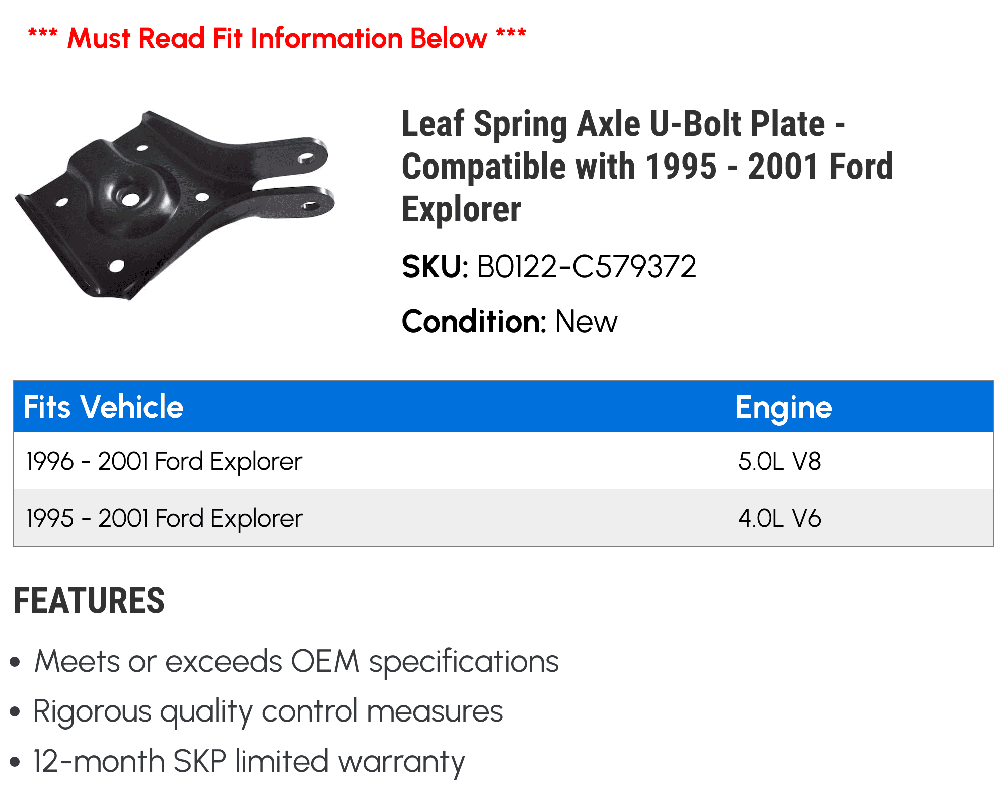 Leaf Spring Axle U-Bolt Plate - Compatible with 1995 - 2001 Ford Explorer 1996 1997 1998 1999 2000