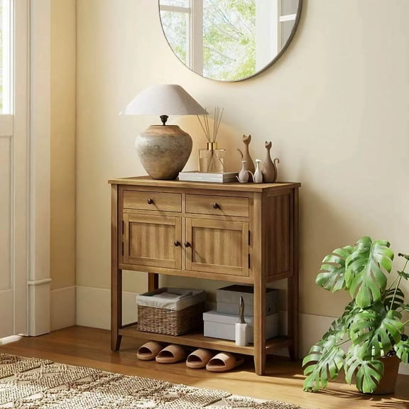 Auranook Mid-Century Console Table with 2 Drawers, 2 Cabinets & Bottom Shelf for Hallway