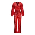 thumbnail image 3 of Jumpsuit for Women V Neck Lantern Sleeve Romper Sequin Glitter Playsuit Ladies Sparkle Wedding Party Clubbing Rompers High Waist Office Trousers Glitter Bling Clubwear, 3 of 6