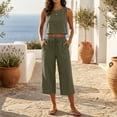 thumbnail image 2 of Women's 2-Piece Linen-Look Lounge Set, Sleeveless Crop Top with High Waist Drawstring Capri Pants, Summer Casual Beach Vacation Outfit Army Green L, 2 of 7