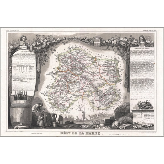 24"x36" Gallery Poster, 1852 Levasseur Map of the Department De La Marne, France (Champagne Wine Region)
