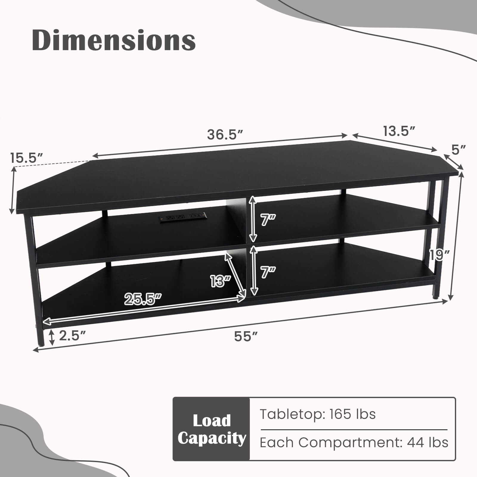 Costway Corner TV Stand for TVs up to 65" TV Console Table with AC Outlets&USB A Ports Black