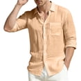 thumbnail image 2 of Breathable Wrinkle Friendly Linen Shirt for Men, Loose Fit Pocket Roll Sleeve Solid Blouse for Daily Street Casual Wear Khaki L, 2 of 4