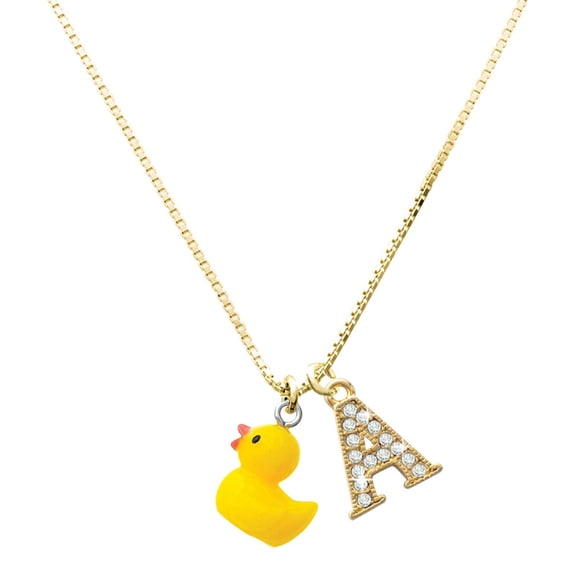 Delight Jewelry Resin Yellow Ducky - Large Goldtone Crystal Initial - A - Charm Necklace, 17.5" 2"