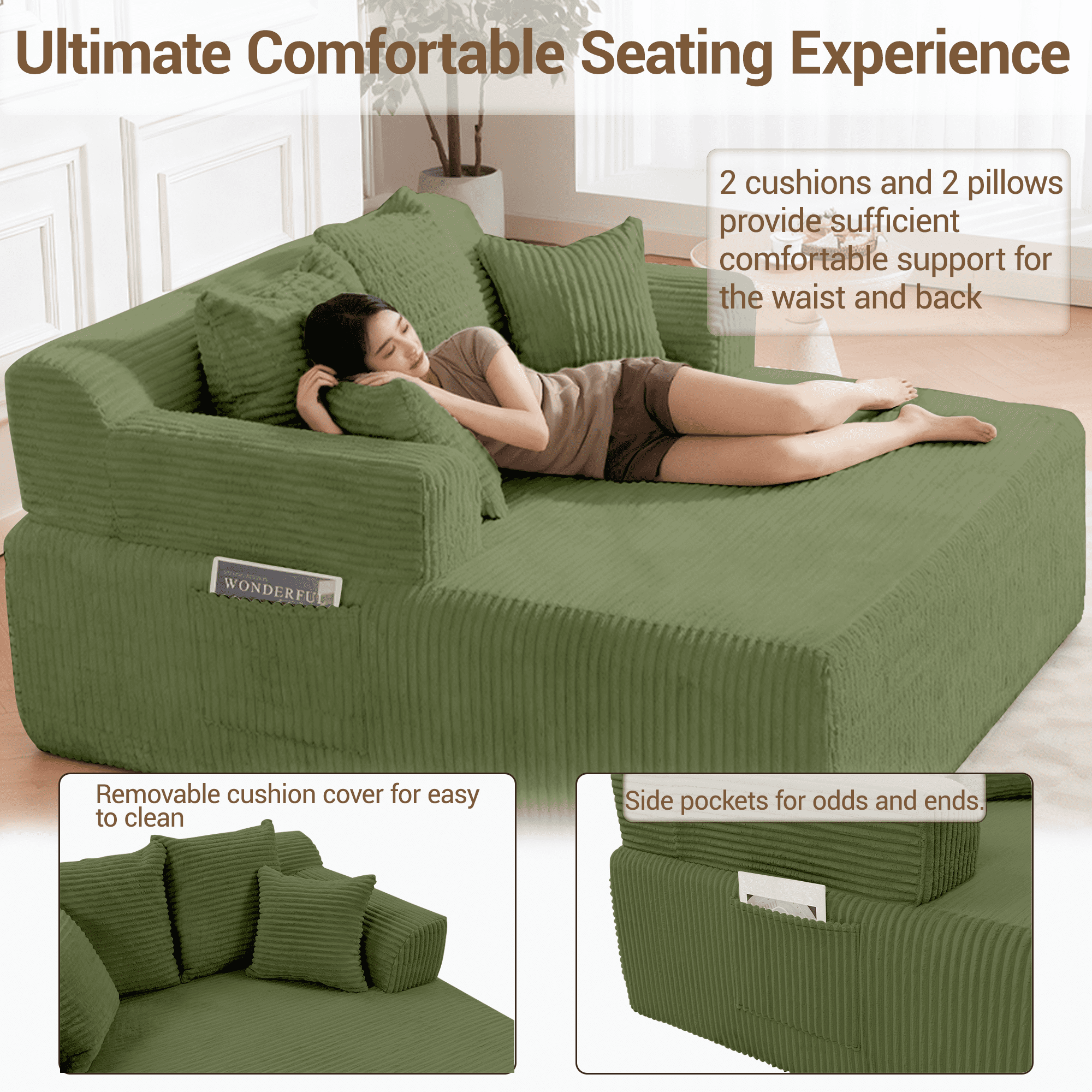 WENTUM 58" Chaise Lounge Chair Indoor, Oversized Corduroy Boneless Sleeper Sofa Bed with Armrests & 4 Pillows, No Assembly for Living Room, Green